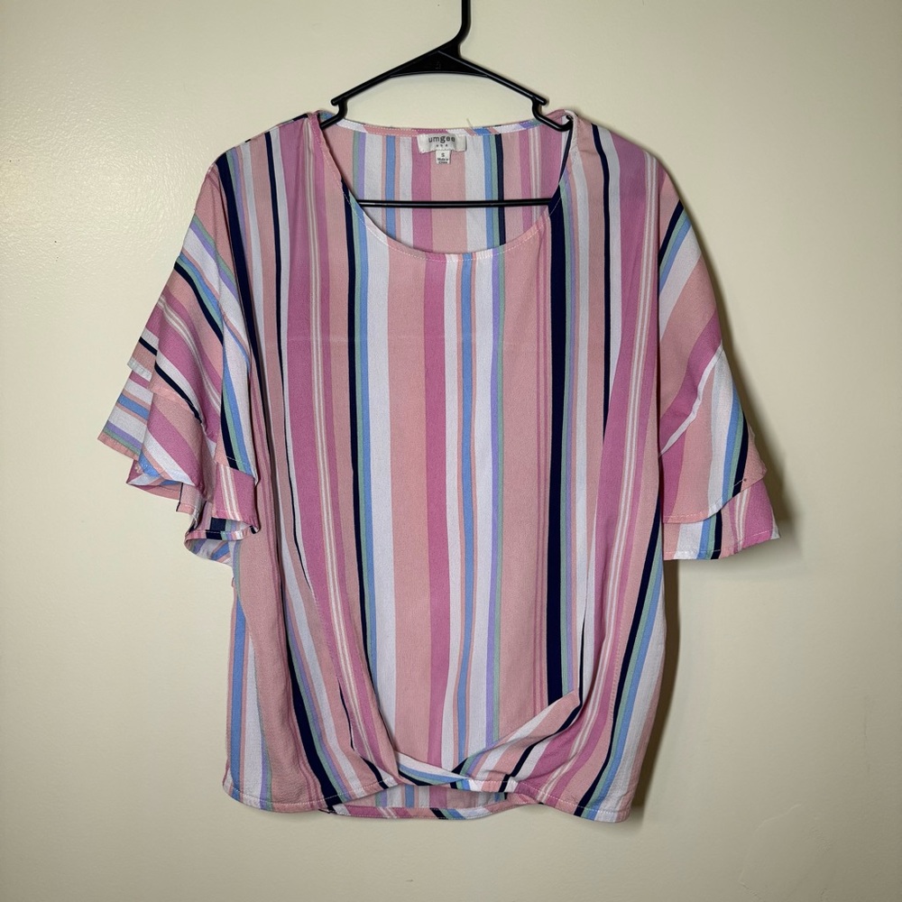Umgee Multicolor Striped Relaxed Fit Blouse with Ruffle Sleeves